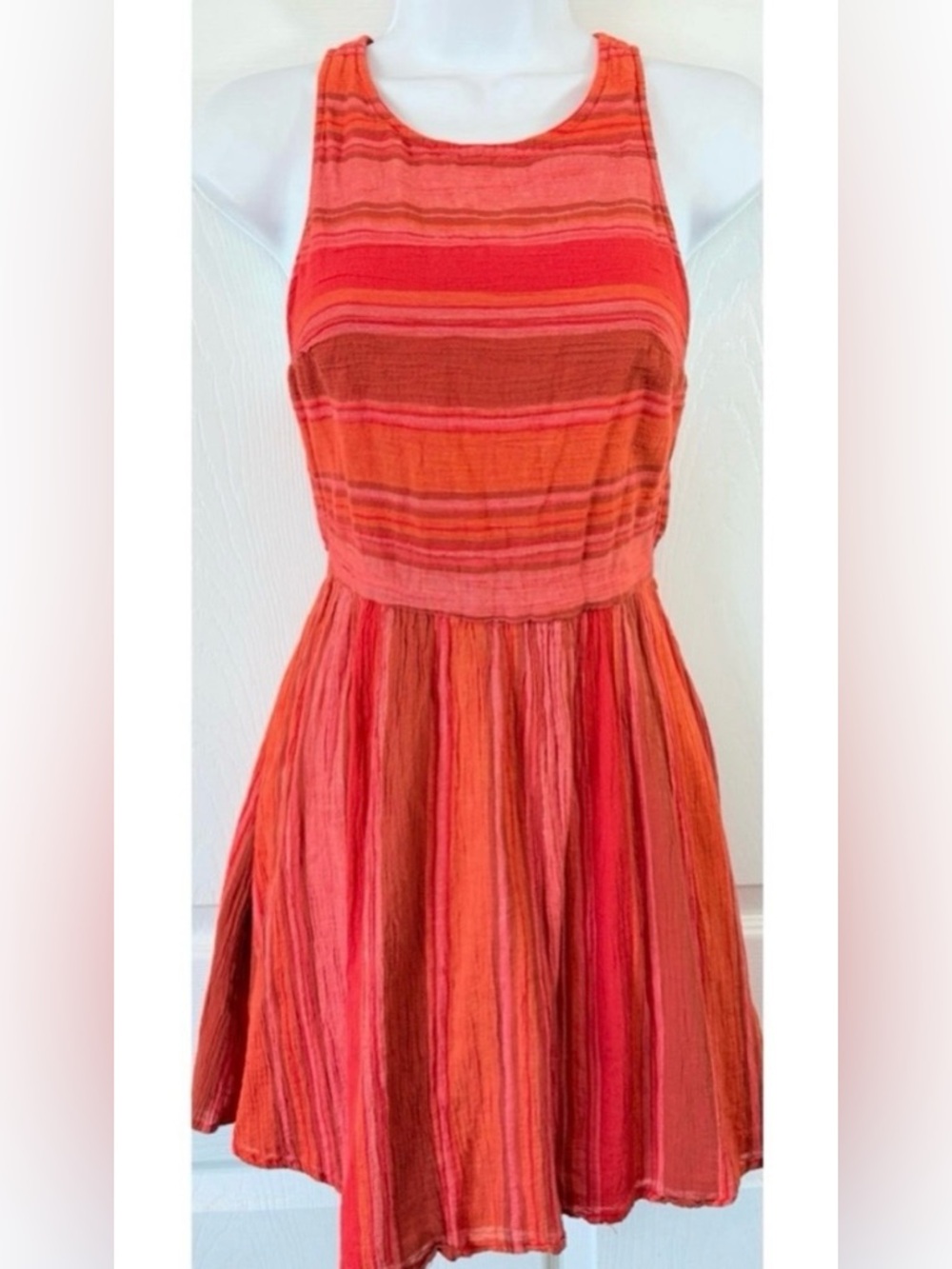 ROXY Orange Coral Striped 100% Cotton Gauze Beach Mini Dress Small